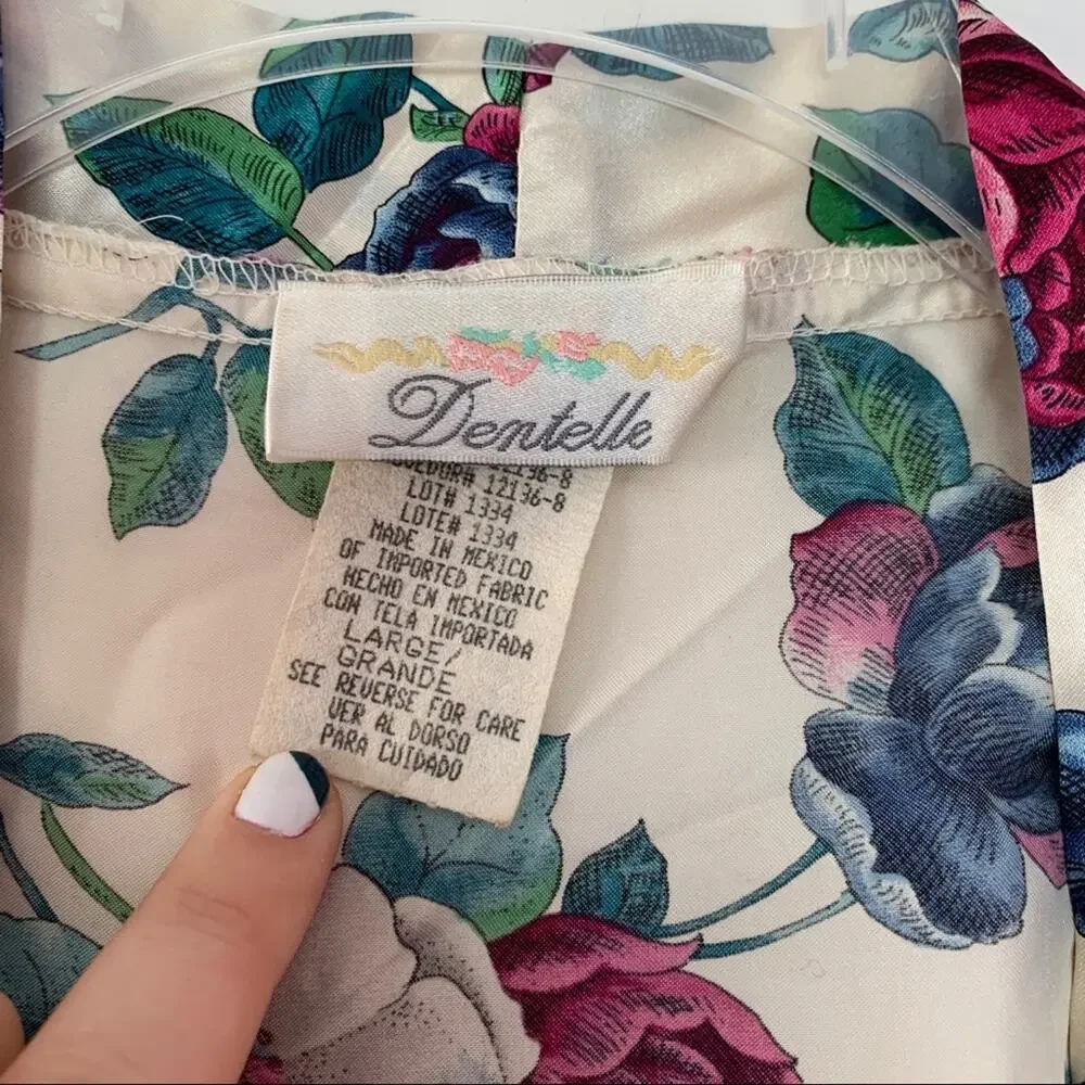 Vintage Satin Floral Robe Silky Size Large with Sheer Sleeves